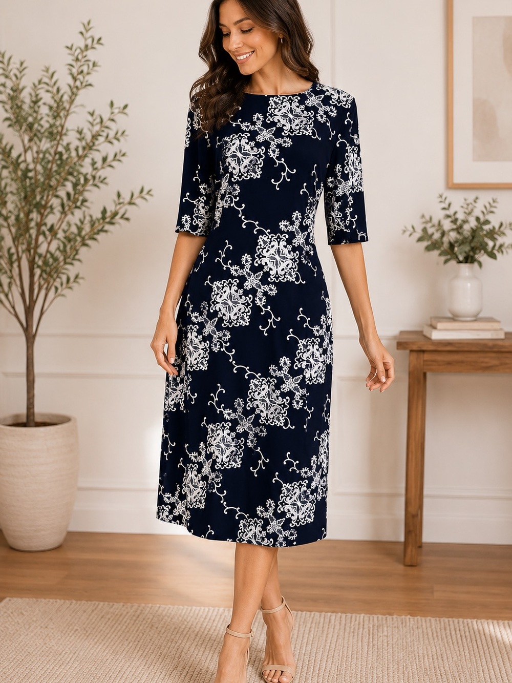 Ronni Nicole Navy Blue & White Floral Midi Dress